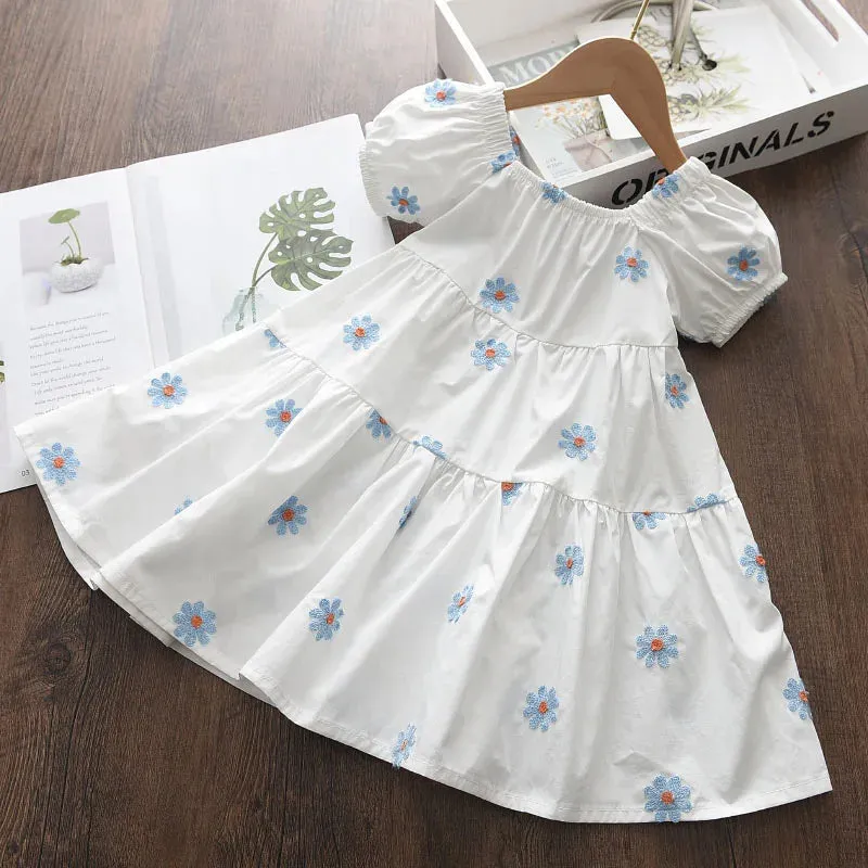 Bear Leader Cartoon Print Baby Girls Princess Dress New Fashion Summer Floral Dresses Toddler Kid Party Clothes Children Vestido