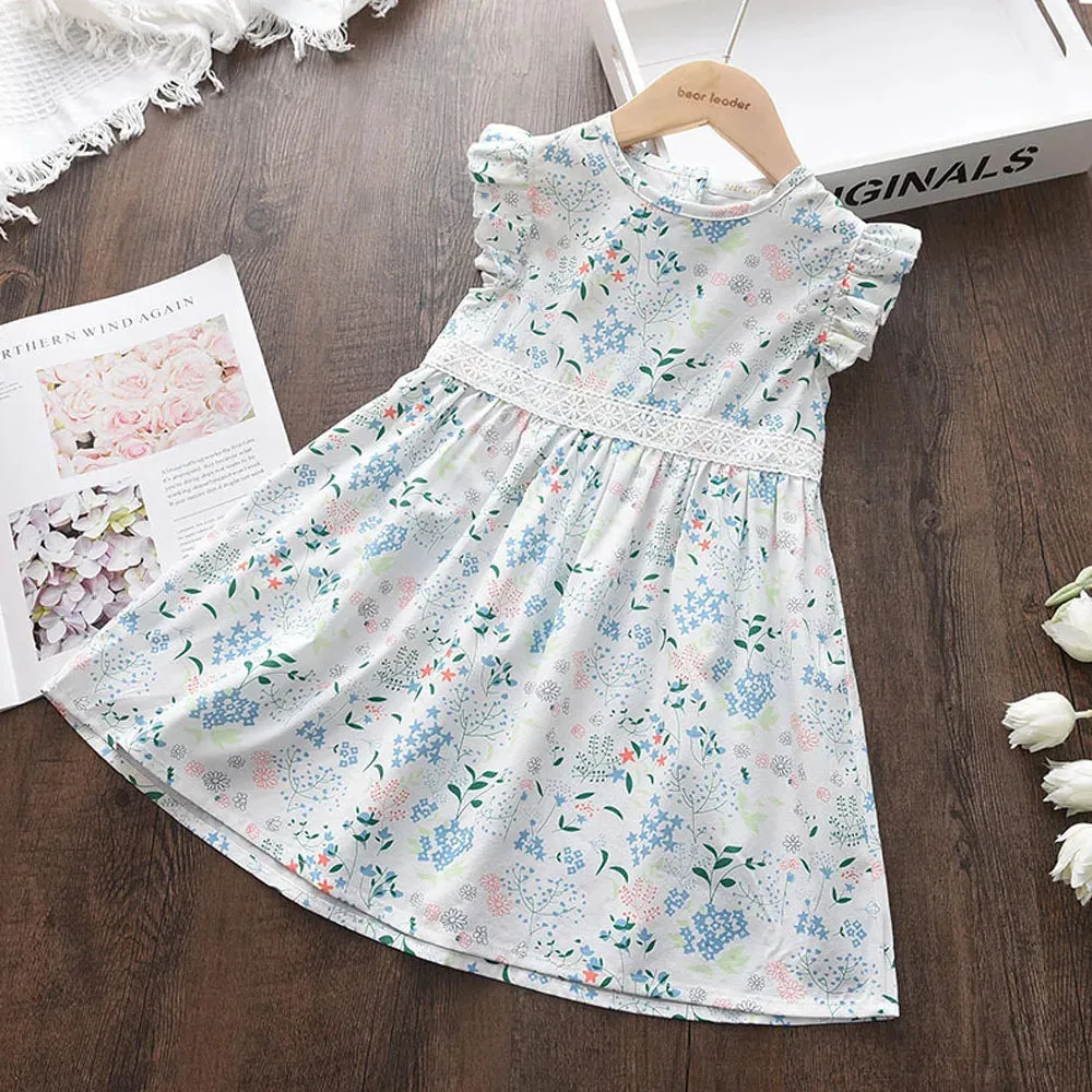 Bear Leader Cartoon Print Baby Girls Princess Dress New Fashion Summer Floral Dresses Toddler Kid Party Clothes Children Vestido