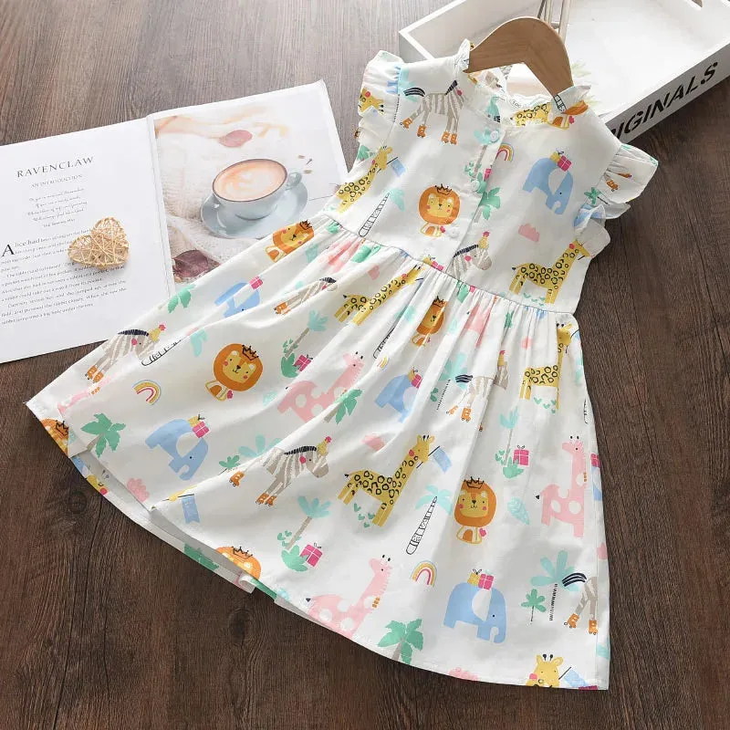 Bear Leader Cartoon Print Baby Girls Princess Dress New Fashion Summer Floral Dresses Toddler Kid Party Clothes Children Vestido