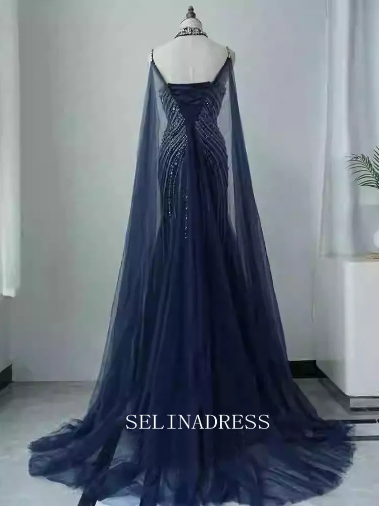 Chic Dark Navy Mermaid Straps Long Prom Dresses Elegant Beaded Evening Dress TKL3087