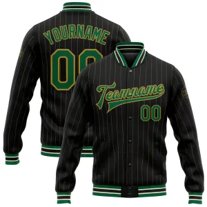 Custom Black Old Gold Pinstripe Kelly Green-Cream Bomber Full-Snap Varsity Letterman Jacket