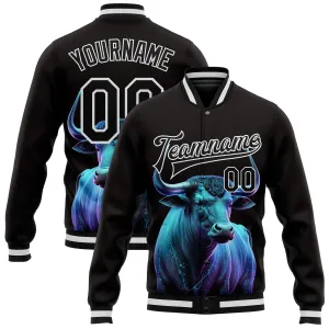 Custom Black White A Blue Bull With Blue Horns 3D Pattern Design Bomber Full-Snap Varsity Letterman Jacket