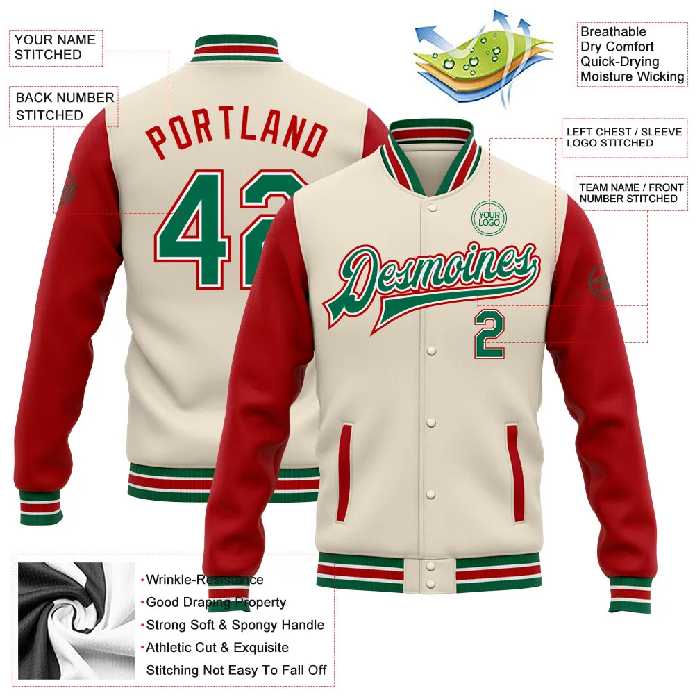 Custom Cream Kelly Green-Red Bomber Full-Snap Varsity Letterman Two Tone Jacket