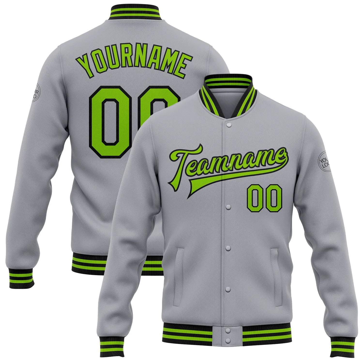 Custom Gray Neon Green-Black Bomber Full-Snap Varsity Letterman Jacket