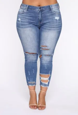 Distressed Mid Rise Skinny Jean - Medium Wash