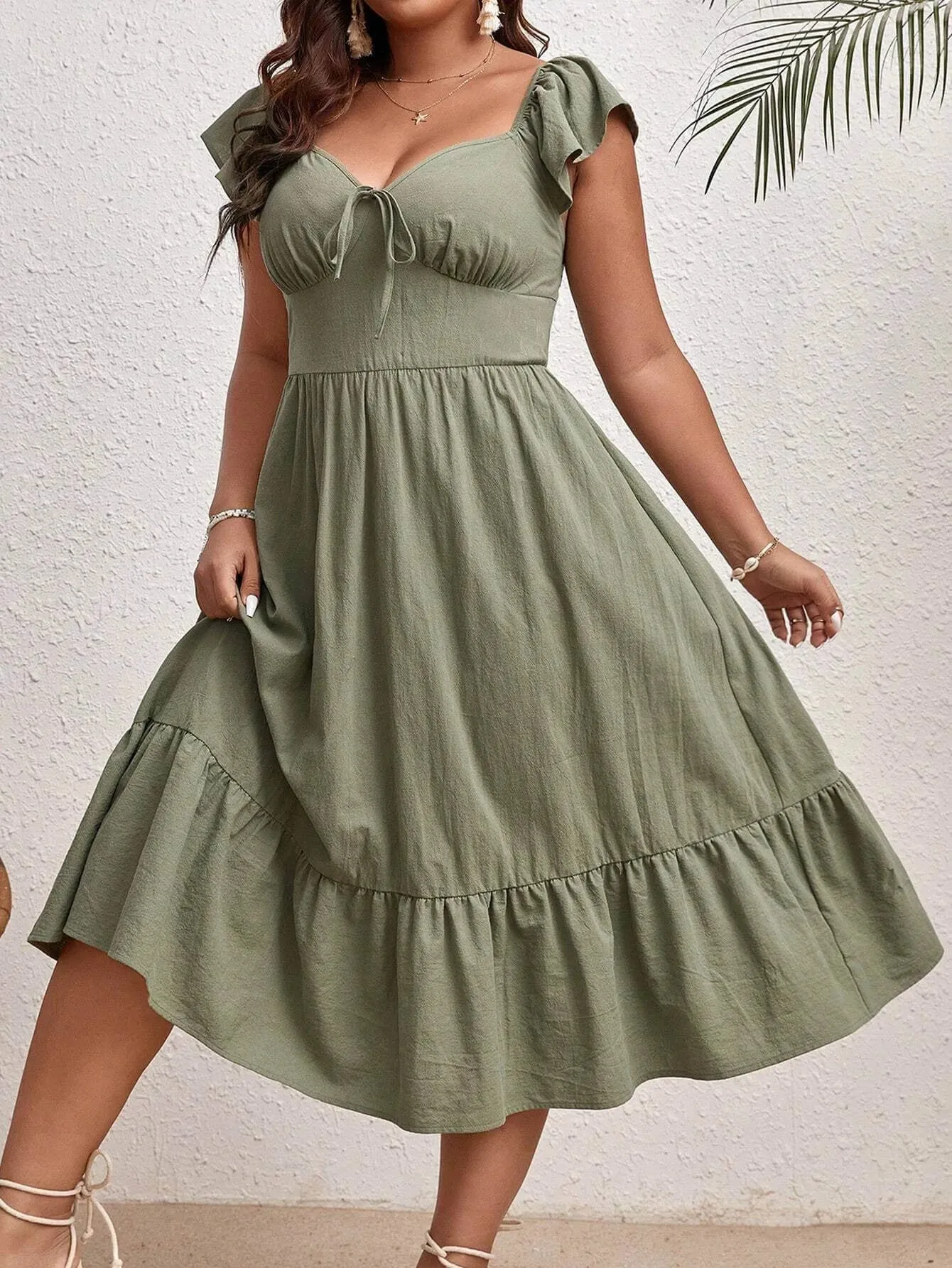 Elegant Summer Plus Size Dress - Sweetheart Neckline & Tie Cap Sleeves