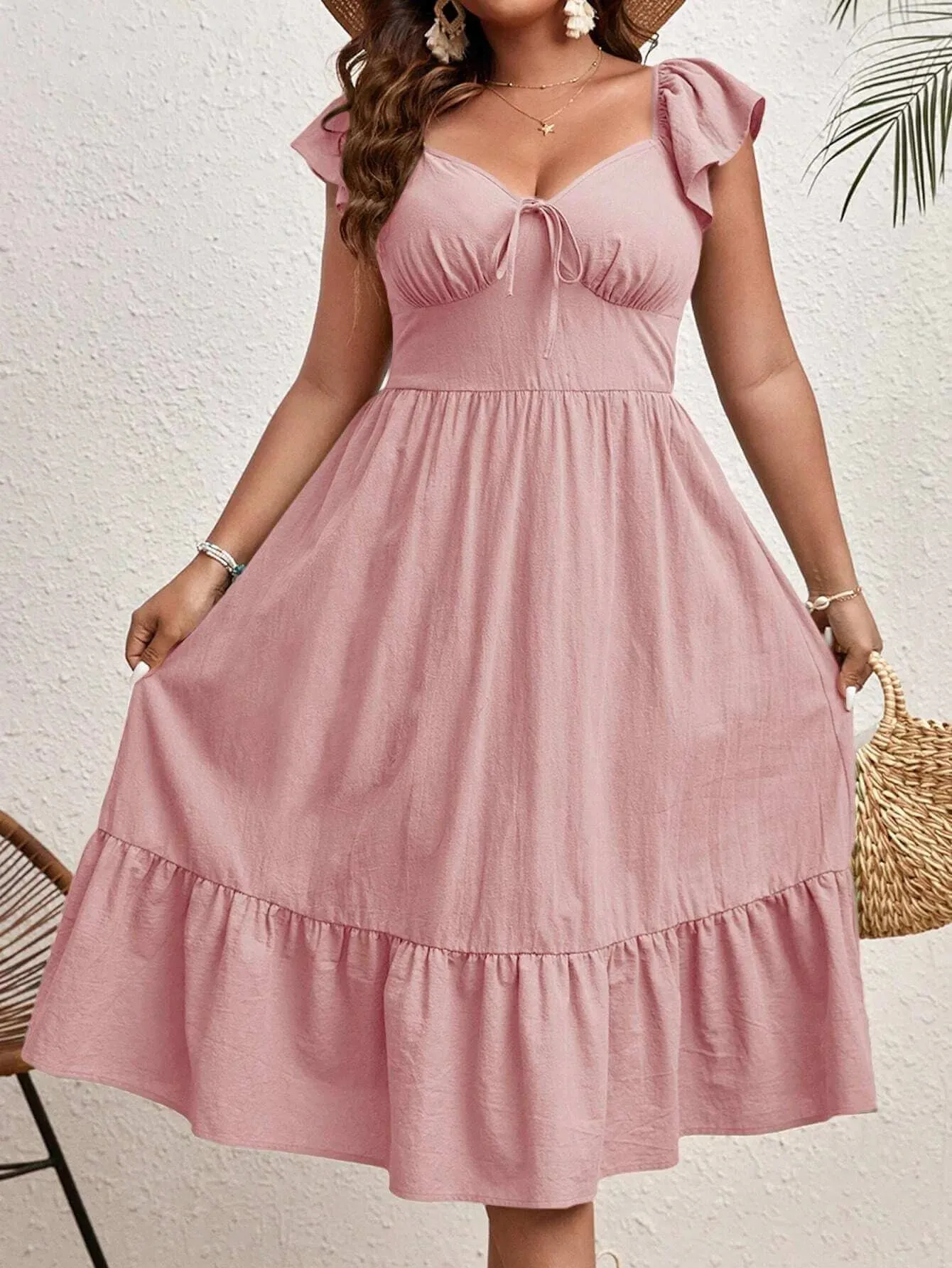 Elegant Summer Plus Size Dress - Sweetheart Neckline & Tie Cap Sleeves