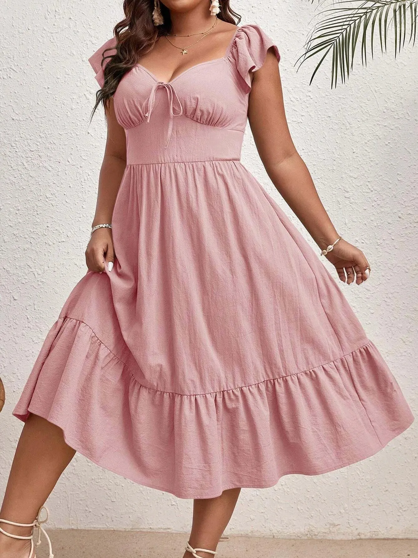 Elegant Summer Plus Size Dress - Sweetheart Neckline & Tie Cap Sleeves