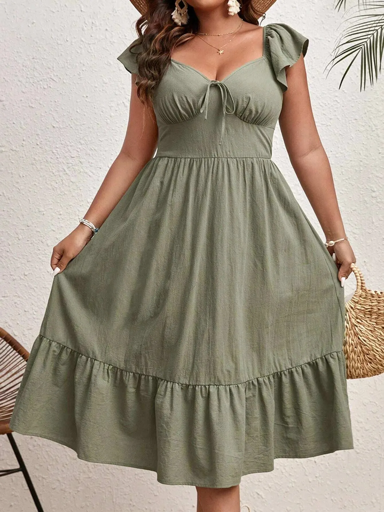 Elegant Summer Plus Size Dress - Sweetheart Neckline & Tie Cap Sleeves