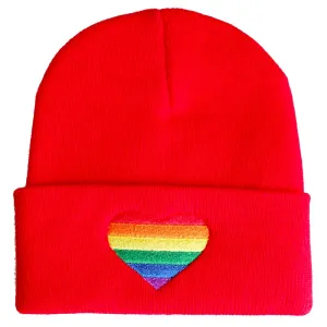 Embroidered Rainbow Heart Beanie Hat - Red