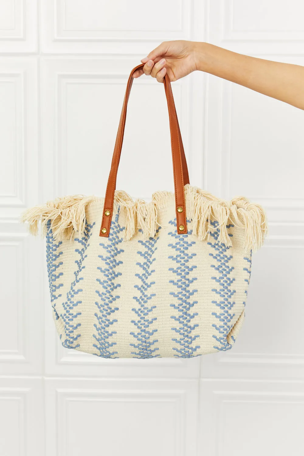 Fame Day Dreamer Weaved Fringe Tote Bag in Blue