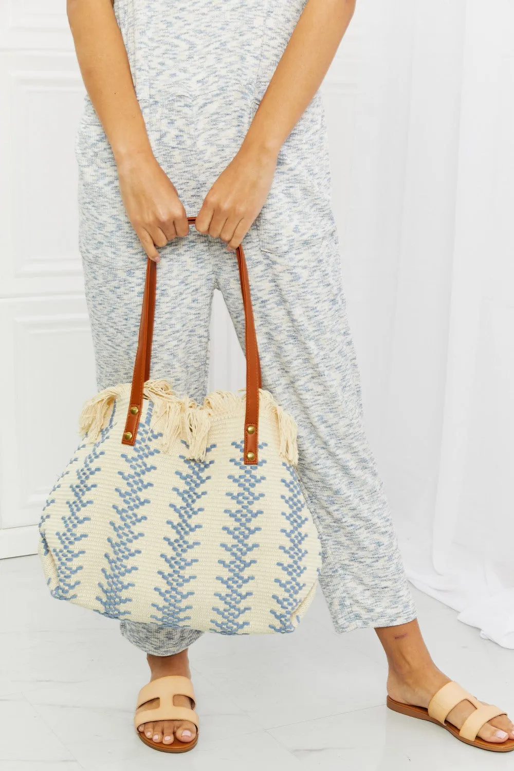 Fame Day Dreamer Weaved Fringe Tote Bag in Blue