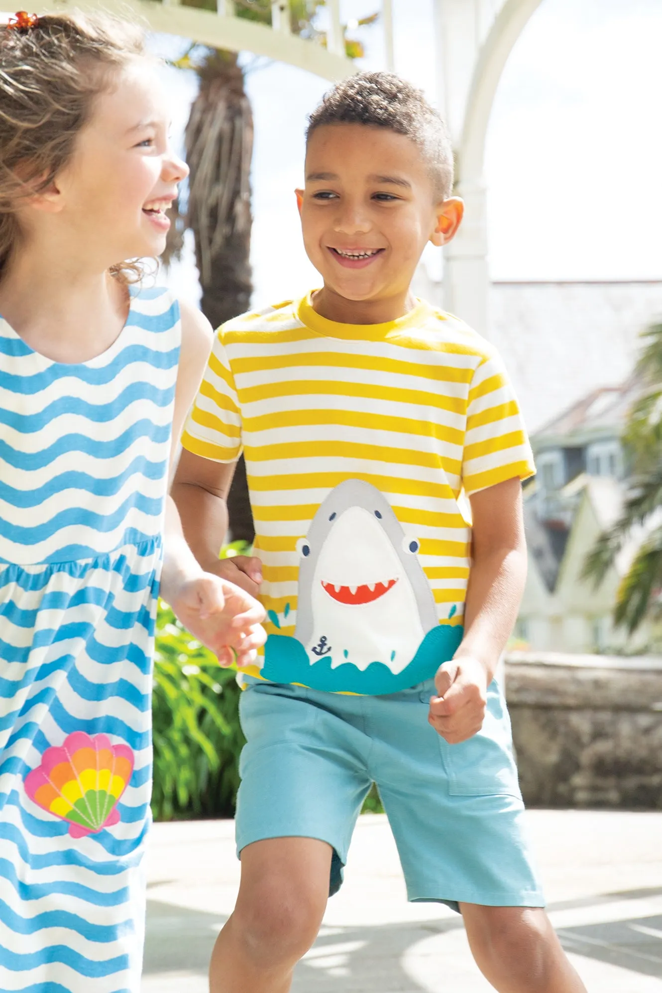 Frugi Sid Applique T- Shirt Dandelion Stripe Shark