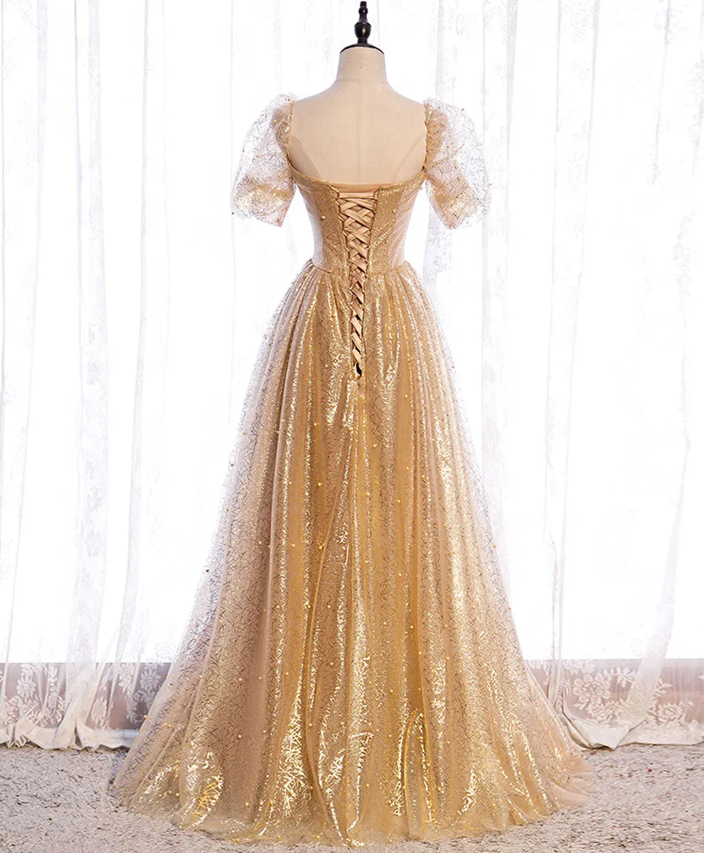 Gold Aline Tulle V Neck Long Prom Dress, Gold Formal Dresses