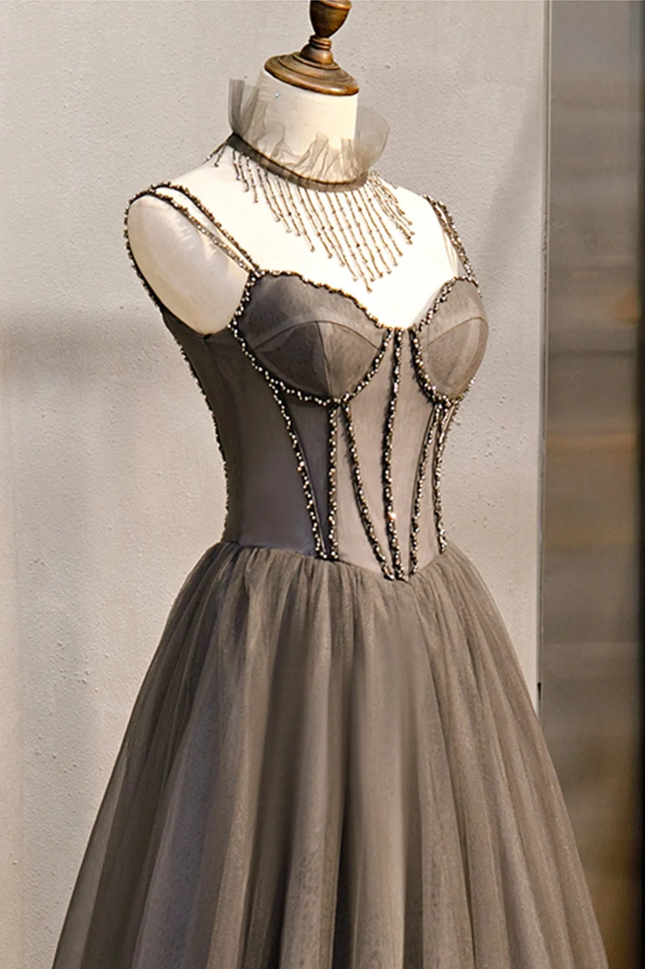 Gray Tulle Spaghetti Strap Long Prom Dresses A-Line Evening Dresses