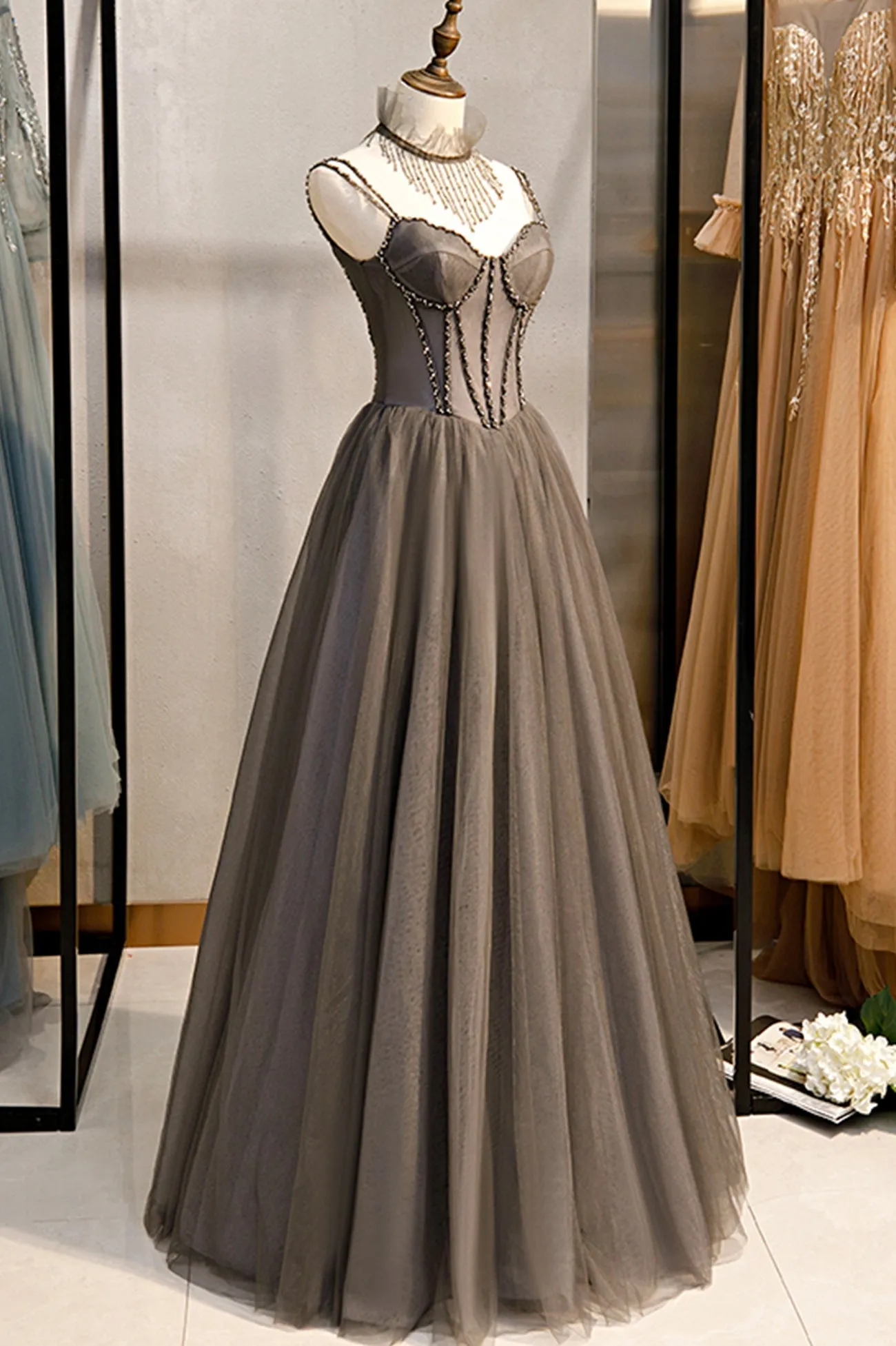 Gray Tulle Spaghetti Strap Long Prom Dresses A-Line Evening Dresses