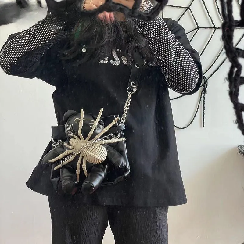 Harajuku Little Leather Y2K Bone Crossbody Punk Gothic Lolita Spider Pin Bear Bag