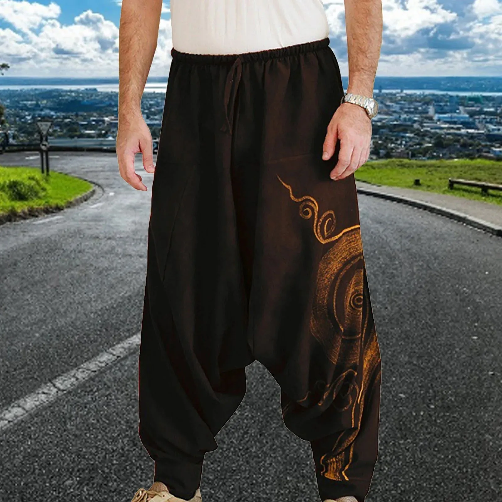 Men Casual Harem Pants Sports Pants Gym Trousers Summer Yoga Baggy Spiral Print Trousers Sports Pants Training