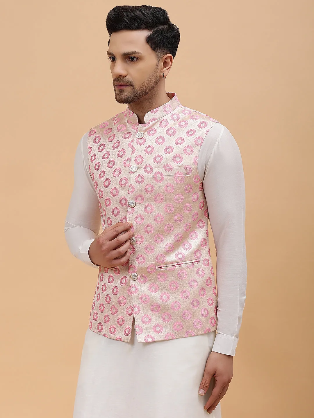 Men Gold & Pink Woven Design Jacquard Neharu Jacket