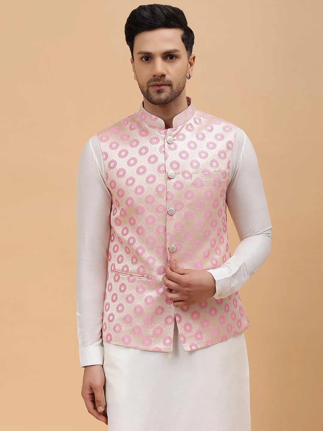 Men Gold & Pink Woven Design Jacquard Neharu Jacket