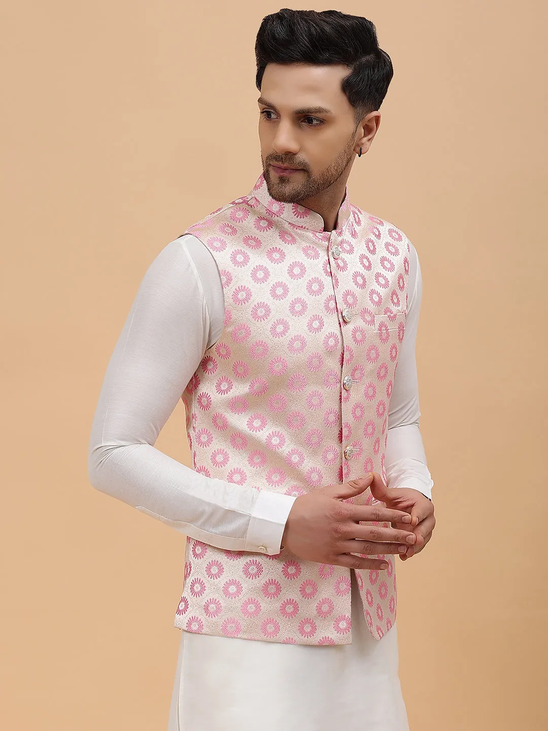 Men Gold & Pink Woven Design Jacquard Neharu Jacket