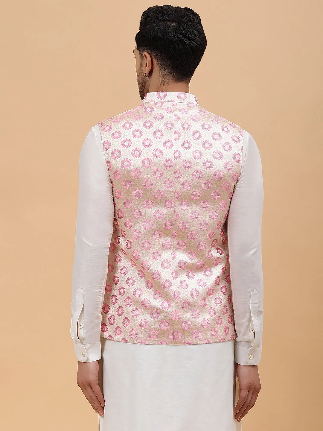 Men Gold & Pink Woven Design Jacquard Neharu Jacket