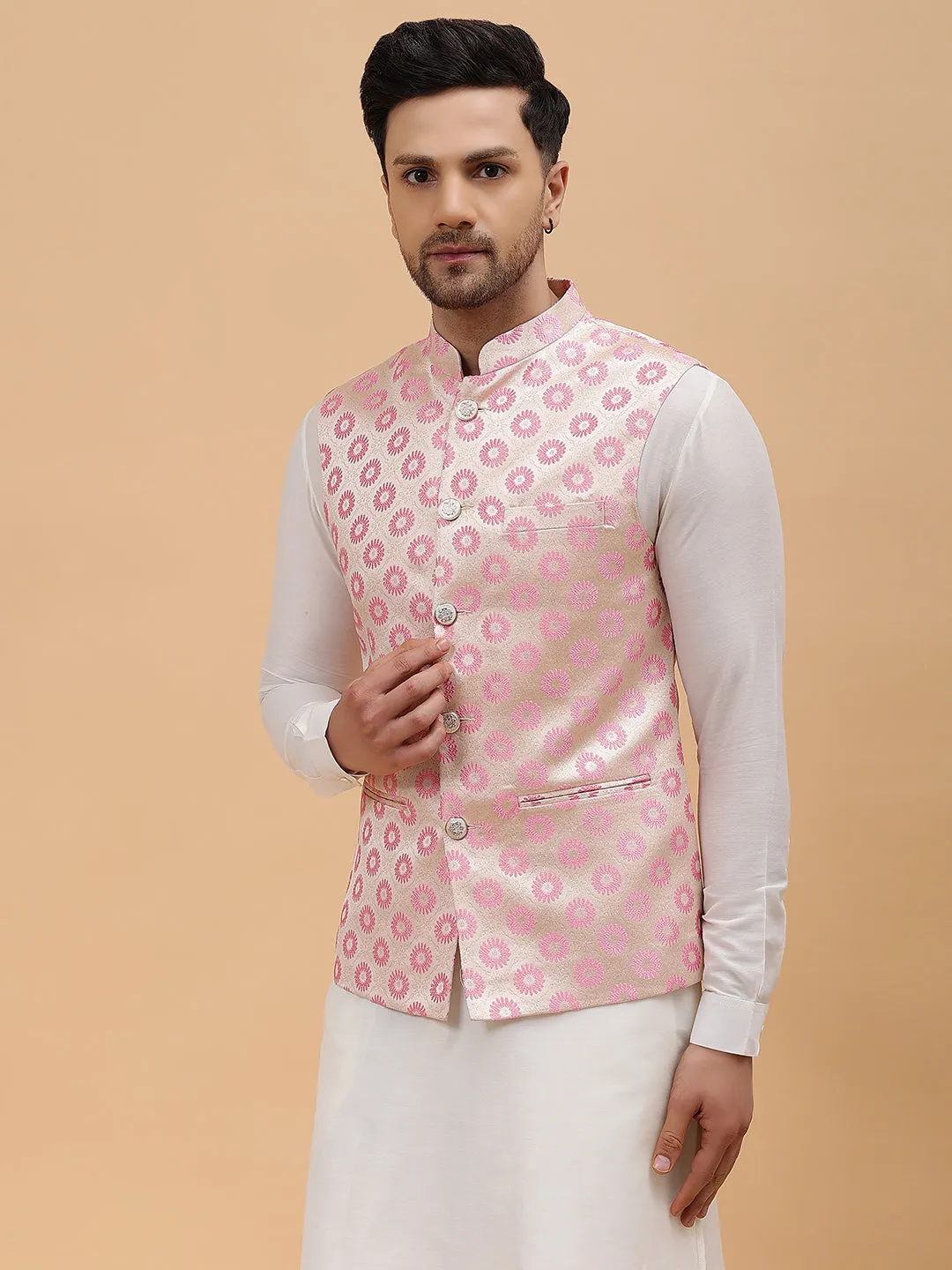 Men Gold & Pink Woven Design Jacquard Neharu Jacket