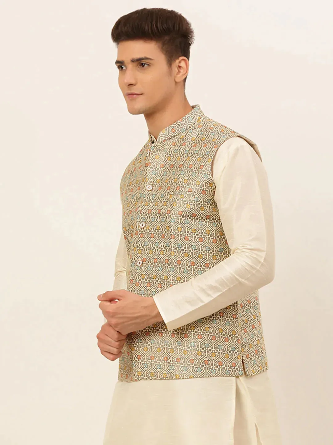 Men Grey Embroidered Nehru Jacket