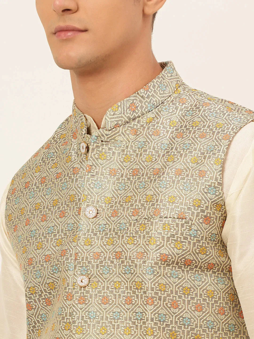 Men Grey Embroidered Nehru Jacket