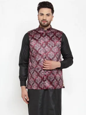 Men Maroon Printed Satin Nehru Jacket