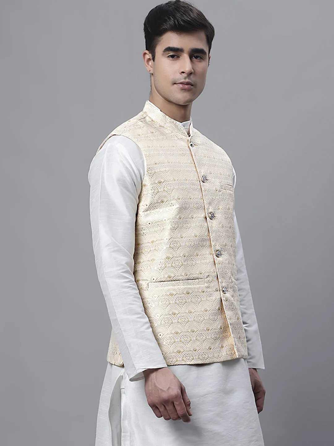 Men Yellow And White Woven Design Nehru Jacket