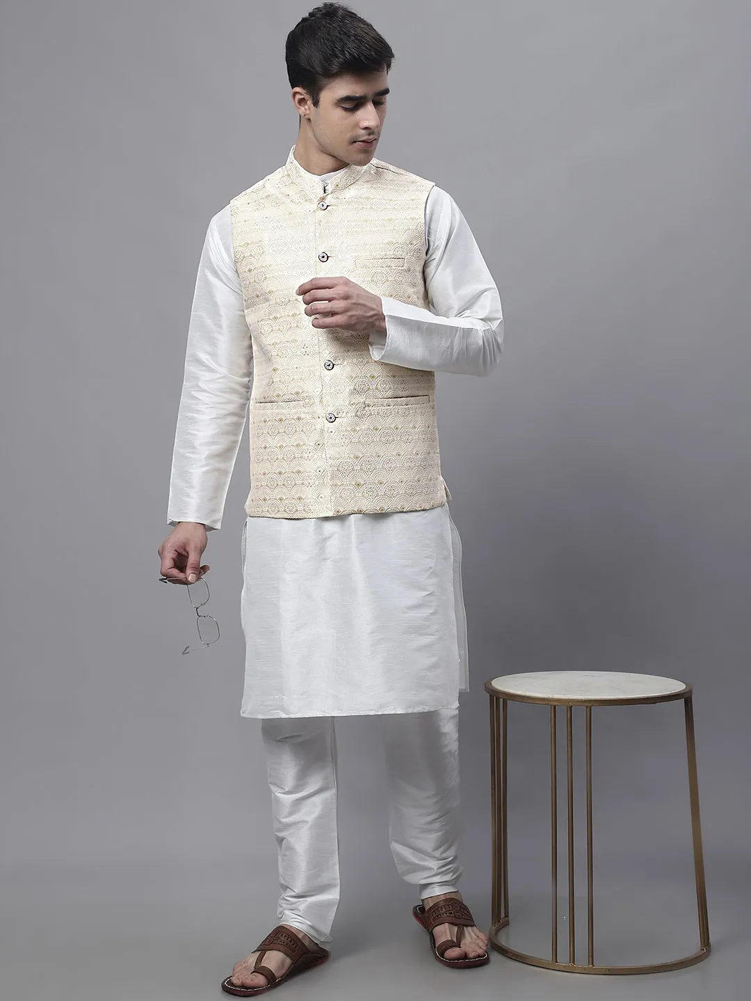 Men Yellow And White Woven Design Nehru Jacket