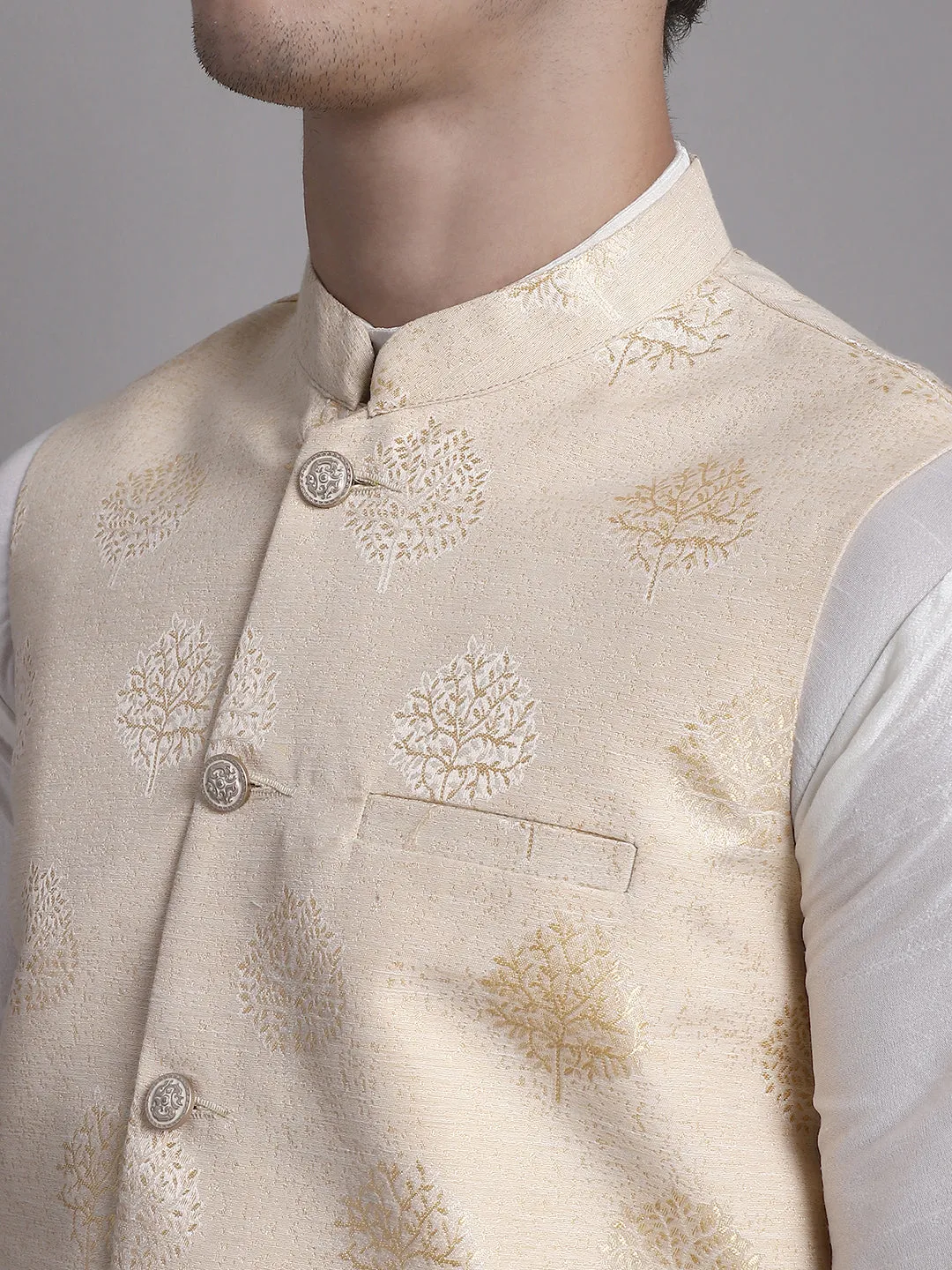 Men's Cream Printed Nehru Jacket With Solid Kurta Pyjama.