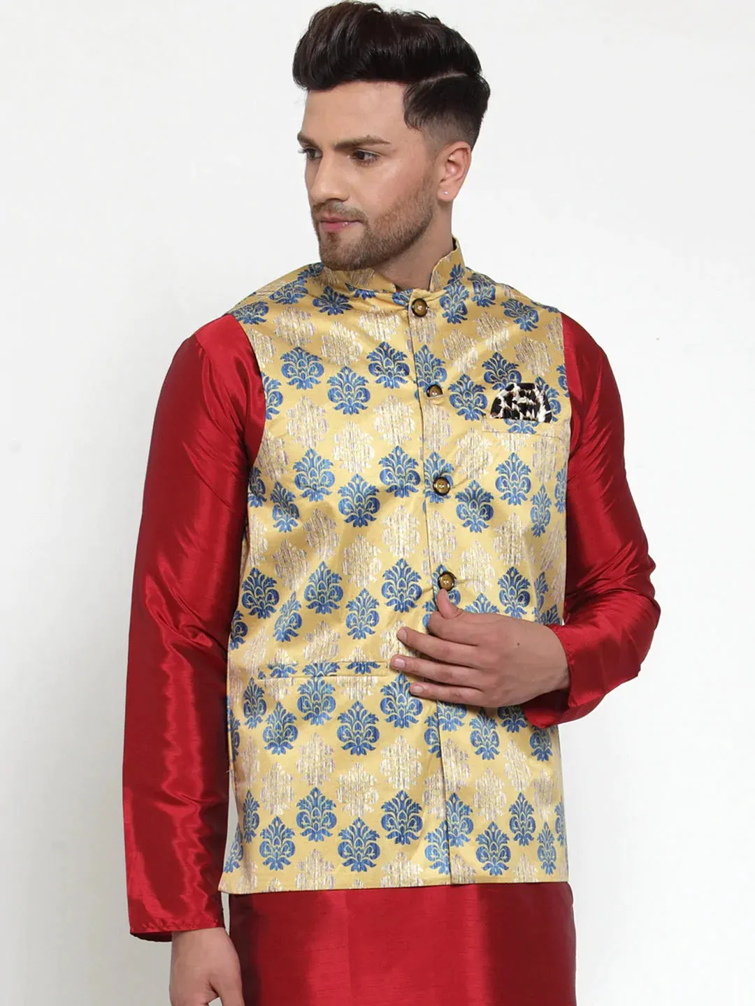 Men'S Gold Printed Nehru Jacket