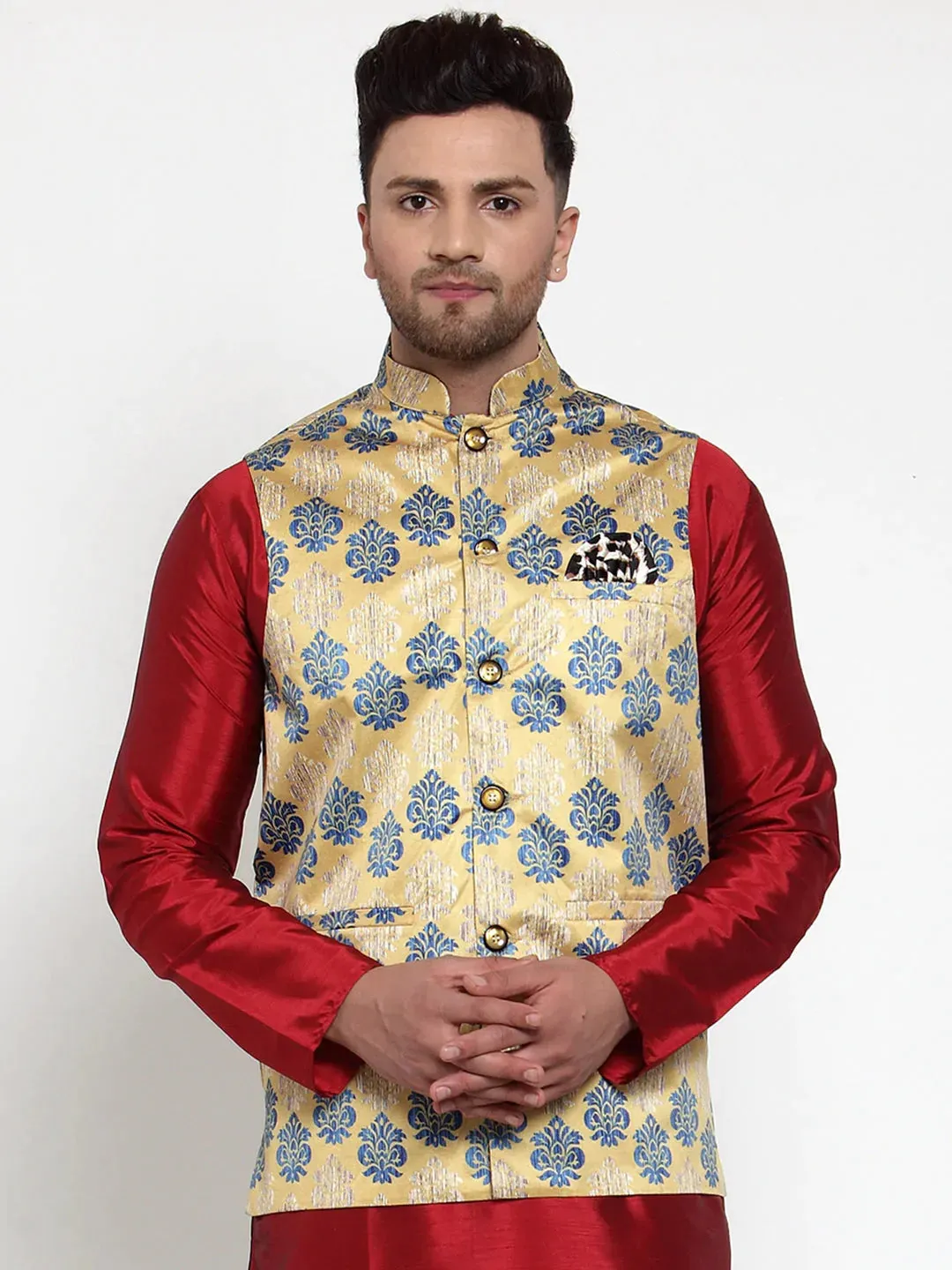 Men'S Gold Printed Nehru Jacket