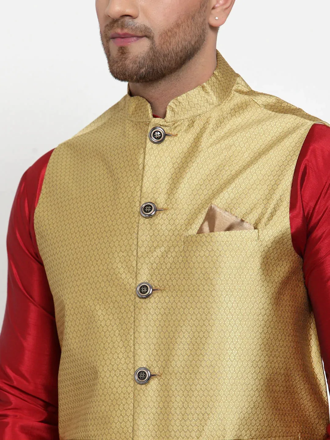 Men'S Gold Woven Jacquard Nehru Jacket