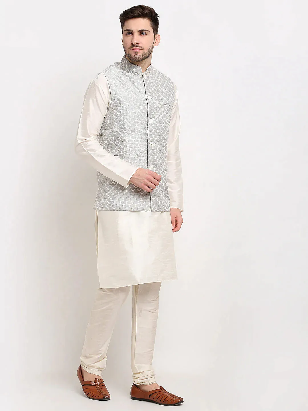 Men'S Grey Grey And White Embroidered Nehru Jacket