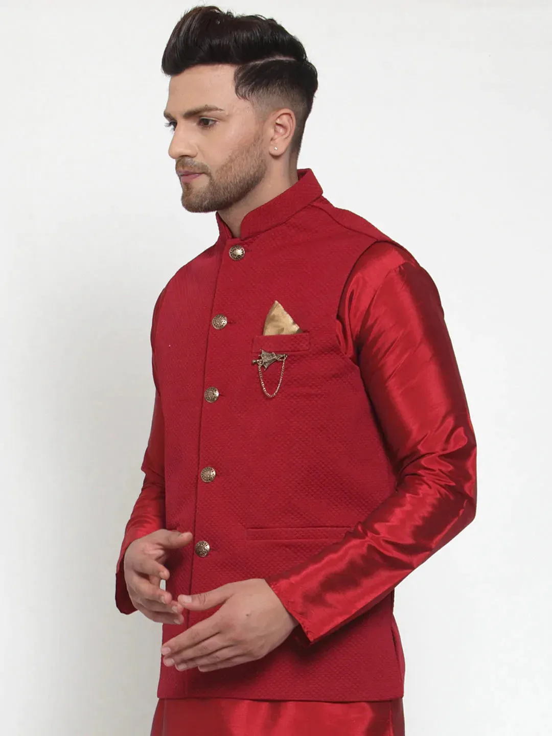 Men'S Maroon Woven Nehru Jacket