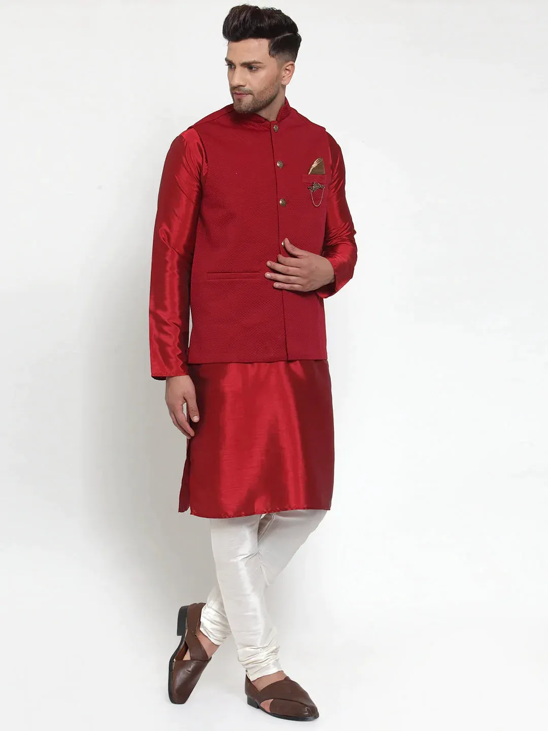 Men'S Maroon Woven Nehru Jacket