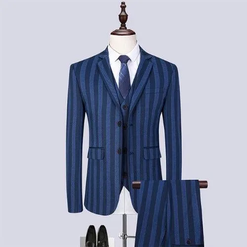 Mens Pinstripe Suit Slim Fit Casual Dress Suits Blazer   Vest   Pants 3 Piece