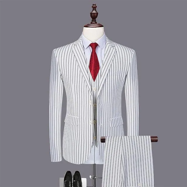 Mens Pinstripe Suit Slim Fit Casual Dress Suits Blazer   Vest   Pants 3 Piece