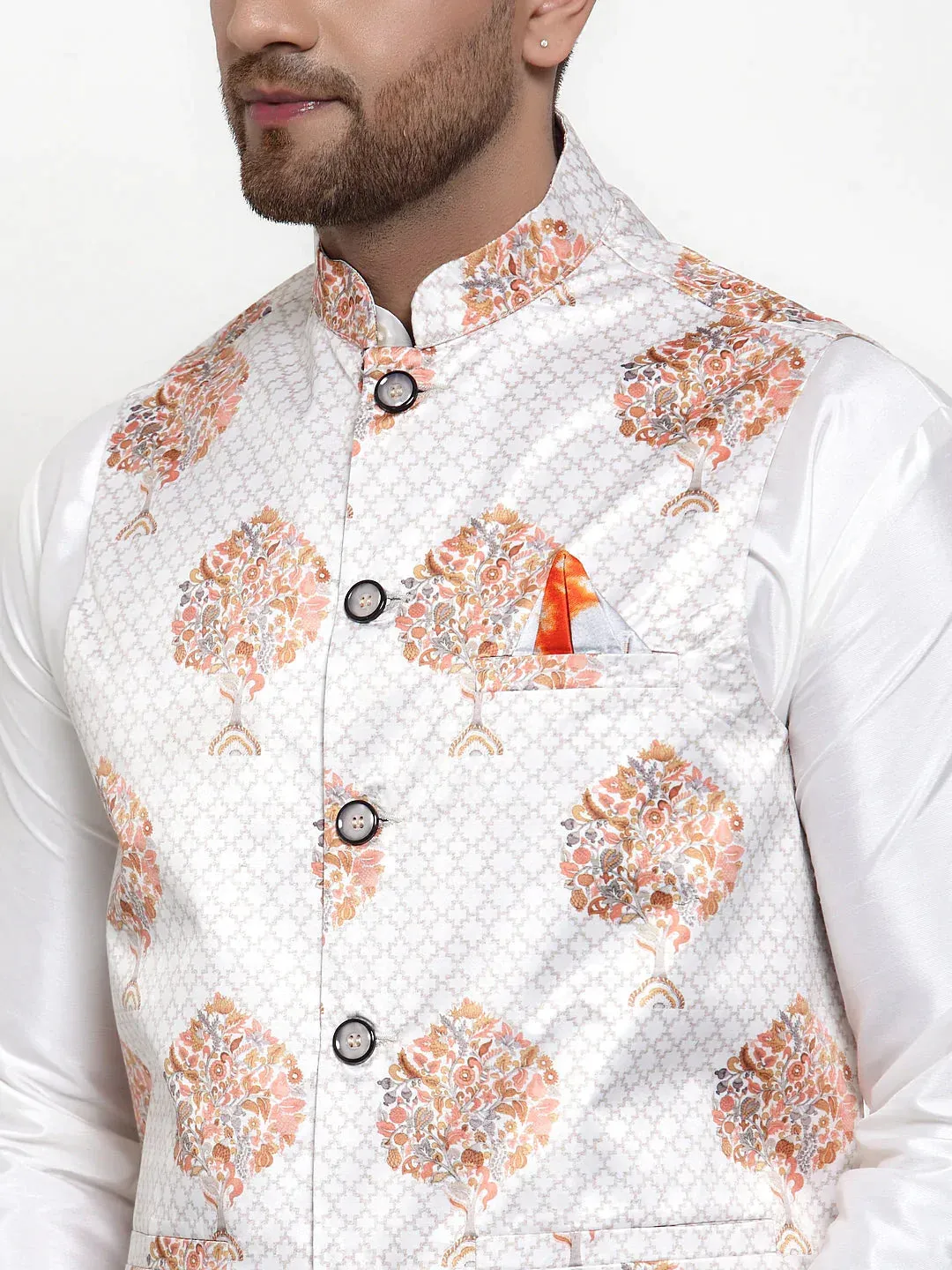 Men'S Solid Dupion Kurta Pajama With Printed Nehru Jacket