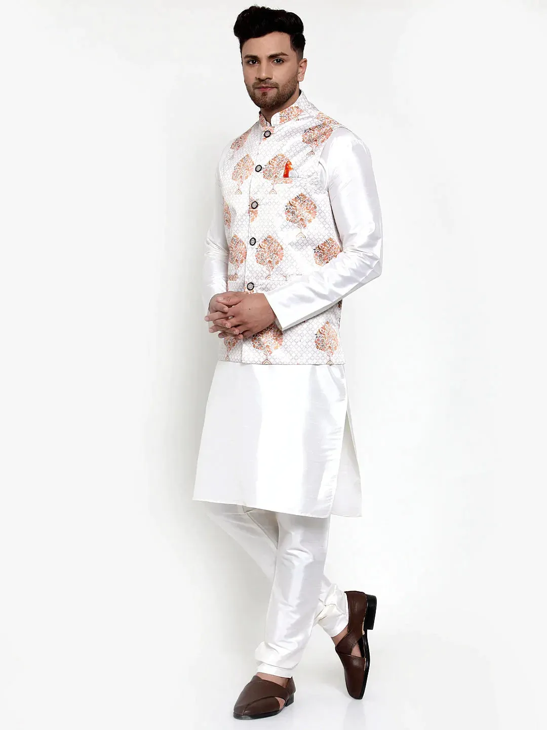 Men'S Solid Dupion Kurta Pajama With Printed Nehru Jacket