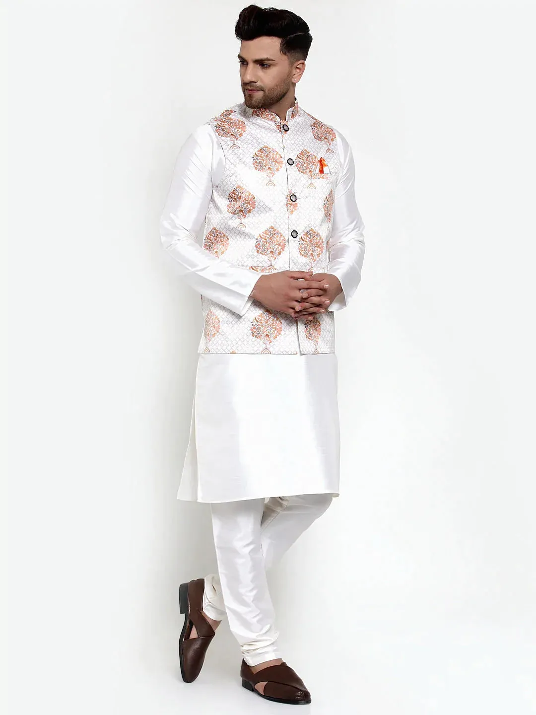 Men'S Solid Dupion Kurta Pajama With Printed Nehru Jacket