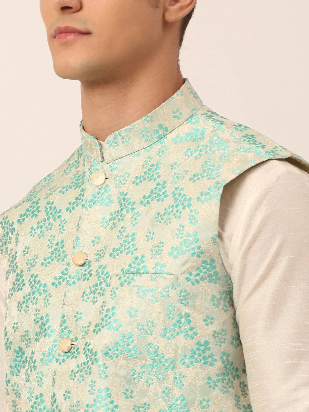 Men'S Solid Kurta Pyjama With Sky Blue Floral Embroidered Nehru Jacket