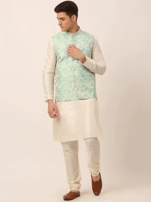 Men'S Solid Kurta Pyjama With Sky Blue Floral Embroidered Nehru Jacket