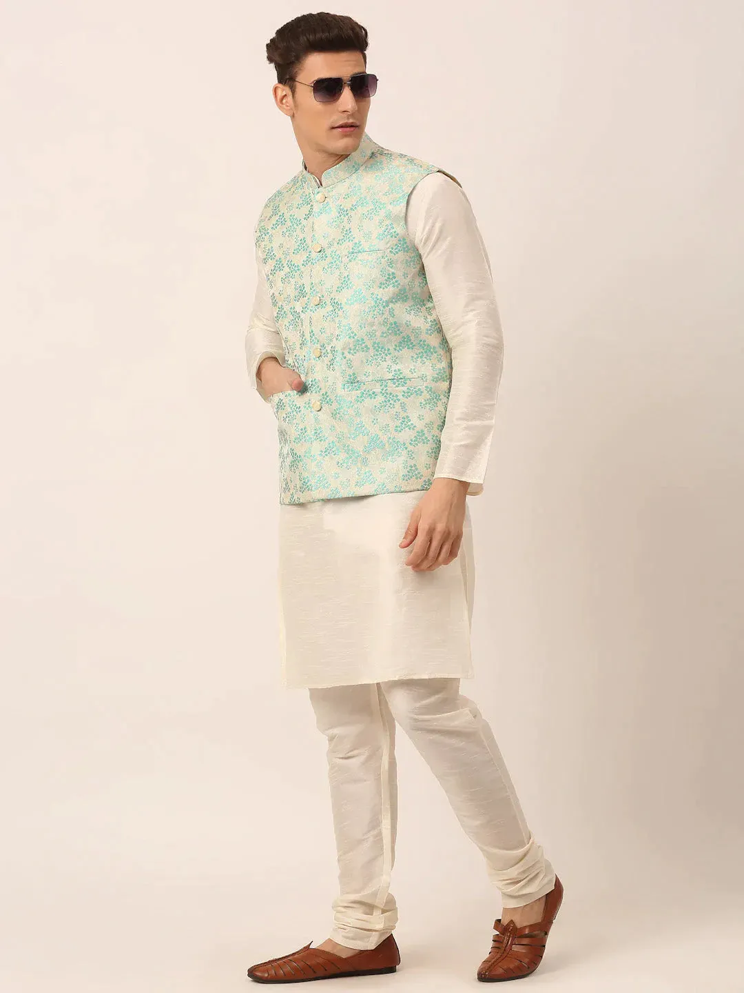 Men'S Solid Kurta Pyjama With Sky Blue Floral Embroidered Nehru Jacket