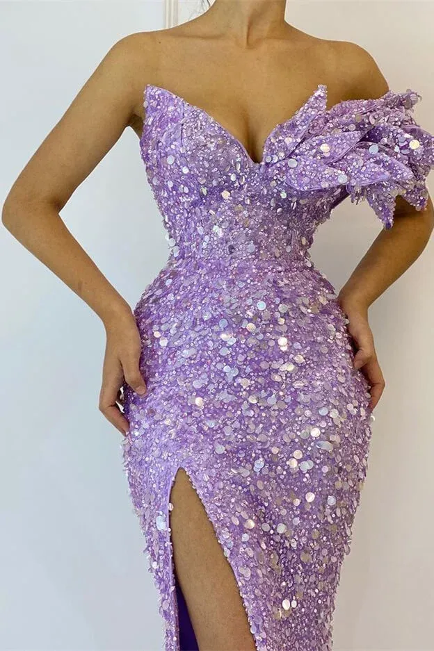 Mermaid Strapless V neck Lilac African Prom Dress Sequins Long Evening Formal Dress #POL035