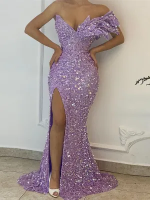 Mermaid Strapless V neck Lilac African Prom Dress Sequins Long Evening Formal Dress #POL035