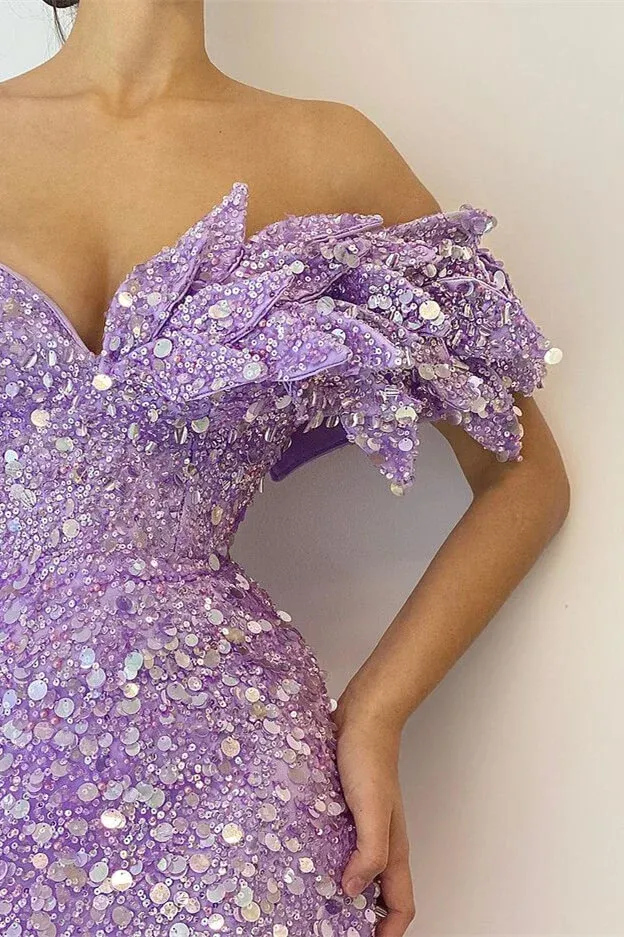 Mermaid Strapless V neck Lilac African Prom Dress Sequins Long Evening Formal Dress #POL035